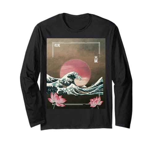 Japanische Wave Art Hanami Lotus Sunset Mount Fuji Damen Herren Langarmshirt Japanische Wave Art Hanami Lotus Sunset Mount Fuji Damen Herren Langarmshirt von Retro Japan Aesthetic Ocean Sunrise Cultural