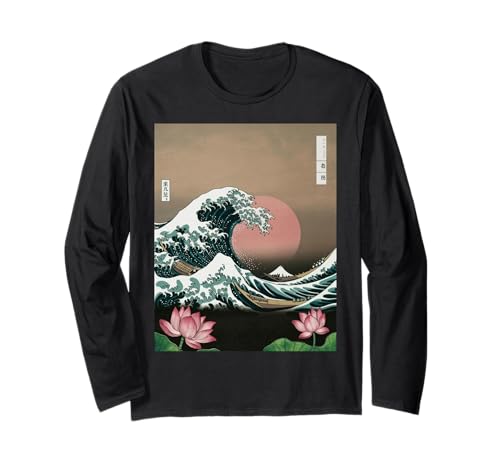 Japanische Wave Art Hanami Lotus Sunset Mount Fuji Damen Herren Langarmshirt von Retro Japan Aesthetic Ocean Sunrise Cultural