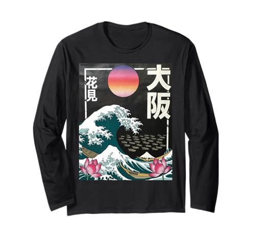 Japanische Wave Art Hanami Lotus Sunset Mount Fuji Damen Herren Langarmshirt von Retro Japan Aesthetic Ocean Sunrise Cultural