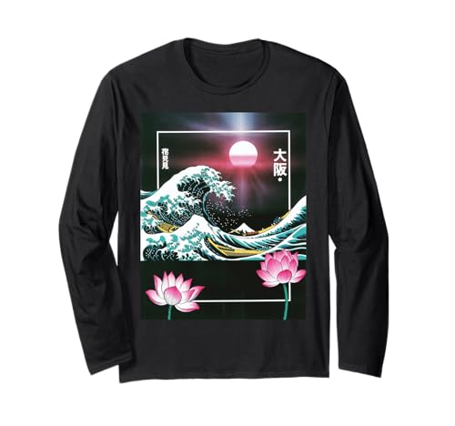 Japanische Wave Art Hanami Lotus Sunset Mount Fuji Damen Herren Langarmshirt Japanische Wave Art Hanami Lotus Sunset Mount Fuji Damen Herren Langarmshirt von Retro Japan Aesthetic Ocean Sunrise Cultural