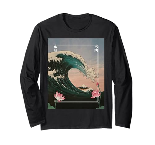 Japanische Wave Art Hanami Lotus Sunset Mount Fuji Damen Herren Langarmshirt Japanische Wave Art Hanami Lotus Sunset Mount Fuji Damen Herren Langarmshirt von Retro Japan Aesthetic Ocean Sunrise Cultural