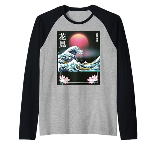 Japanische Wave Art Hanami Lotus Sunset Mount Fuji Damen Herren Raglan Japanische Wave Art Hanami Lotus Sunset Mount Fuji Damen Herren Raglan von Retro Japan Aesthetic Ocean Sunrise Cultural