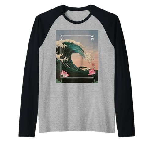 Japanische Wave Art Hanami Lotus Sunset Mount Fuji Damen Herren Raglan Japanische Wave Art Hanami Lotus Sunset Mount Fuji Damen Herren Raglan von Retro Japan Aesthetic Ocean Sunrise Cultural