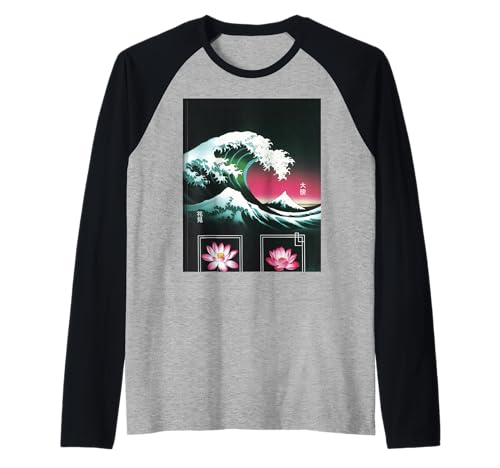 Japanische Wave Art Hanami Lotus Sunset Mount Fuji Damen Herren Raglan Japanische Wave Art Hanami Lotus Sunset Mount Fuji Damen Herren Raglan von Retro Japan Aesthetic Ocean Sunrise Cultural