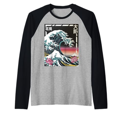 Japanische Wave Art Hanami Lotus Sunset Mount Fuji Damen Herren Raglan Japanische Wave Art Hanami Lotus Sunset Mount Fuji Damen Herren Raglan von Retro Japan Aesthetic Ocean Sunrise Cultural