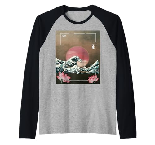 Japanische Wave Art Hanami Lotus Sunset Mount Fuji Damen Herren Raglan Japanische Wave Art Hanami Lotus Sunset Mount Fuji Damen Herren Raglan von Retro Japan Aesthetic Ocean Sunrise Cultural
