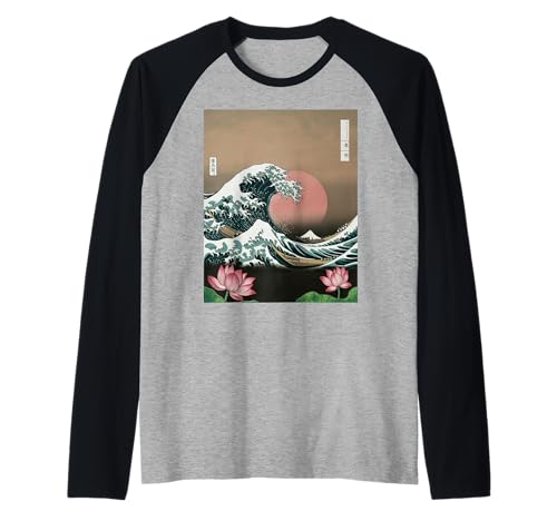 Japanische Wave Art Hanami Lotus Sunset Mount Fuji Damen Herren Raglan Japanische Wave Art Hanami Lotus Sunset Mount Fuji Damen Herren Raglan von Retro Japan Aesthetic Ocean Sunrise Cultural