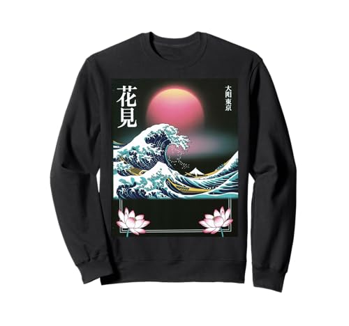 Japanische Wave Art Hanami Lotus Sunset Mount Fuji Damen Herren Sweatshirt Japanische Wave Art Hanami Lotus Sunset Mount Fuji Damen Herren Sweatshirt von Retro Japan Aesthetic Ocean Sunrise Cultural
