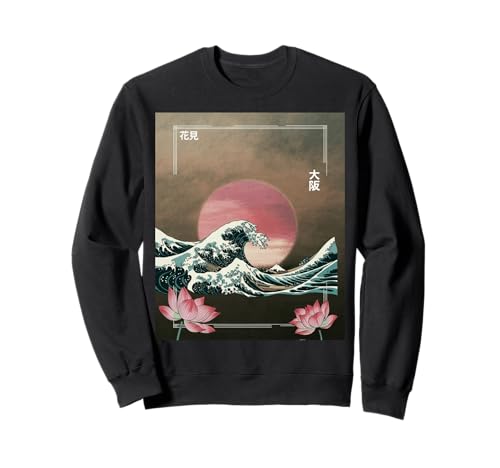 Japanische Wave Art Hanami Lotus Sunset Mount Fuji Damen Herren Sweatshirt Japanische Wave Art Hanami Lotus Sunset Mount Fuji Damen Herren Sweatshirt von Retro Japan Aesthetic Ocean Sunrise Cultural