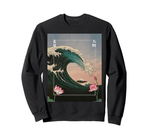 Japanische Wave Art Hanami Lotus Sunset Mount Fuji Damen Herren Sweatshirt Japanische Wave Art Hanami Lotus Sunset Mount Fuji Damen Herren Sweatshirt von Retro Japan Aesthetic Ocean Sunrise Cultural