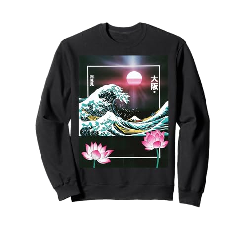 Japanische Wave Art Hanami Lotus Sunset Mount Fuji Damen Herren Sweatshirt Japanische Wave Art Hanami Lotus Sunset Mount Fuji Damen Herren Sweatshirt von Retro Japan Aesthetic Ocean Sunrise Cultural