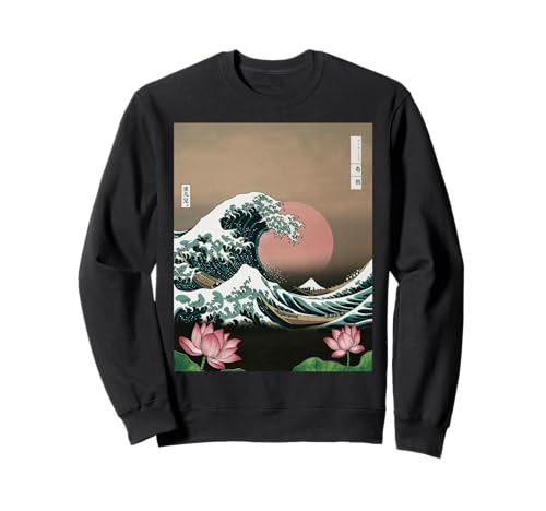 Japanische Wave Art Hanami Lotus Sunset Mount Fuji Damen Herren Sweatshirt Japanische Wave Art Hanami Lotus Sunset Mount Fuji Damen Herren Sweatshirt von Retro Japan Aesthetic Ocean Sunrise Cultural