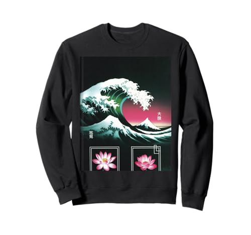 Japanische Wave Art Hanami Lotus Sunset Mount Fuji Damen Herren Sweatshirt Japanische Wave Art Hanami Lotus Sunset Mount Fuji Damen Herren Sweatshirt von Retro Japan Aesthetic Ocean Sunrise Cultural