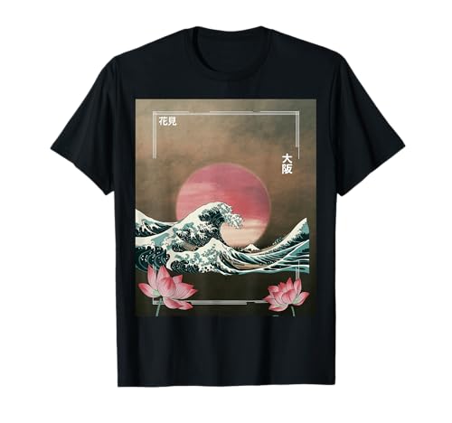 Japanische Wave Art Hanami Lotus Sunset Mount Fuji Damen Herren T-Shirt von Retro Japan Aesthetic Ocean Sunrise Cultural