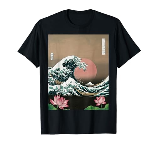 Japanische Wave Art Hanami Lotus Sunset Mount Fuji Damen Herren T-Shirt von Retro Japan Aesthetic Ocean Sunrise Cultural