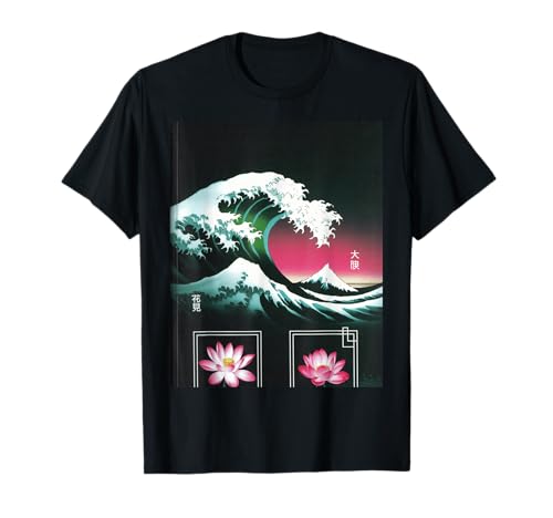 Japanische Wave Art Hanami Lotus Sunset Mount Fuji Damen Herren T-Shirt Japanische Wave Art Hanami Lotus Sunset Mount Fuji Damen Herren T-Shirt von Retro Japan Aesthetic Ocean Sunrise Cultural