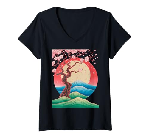 Damen Japanischer Sakura-Baum, Blütenwellen, Sonne, Mond, Urlaub, Reisen T-Shirt mit V-Ausschnitt Damen Japanischer Sakura-Baum, Blütenwellen, Sonne, Mond, Urlaub, Reisen T-Shirt mit V-Ausschnitt von Retro Japan Landscape Art Cherry Flower Nature