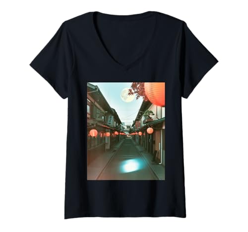 Damen Japanische Straßenlaterne, ästhetische Vollmond-Nacht-Szenen-Kunst T-Shirt mit V-Ausschnitt Damen Japanische Straßenlaterne, ästhetische Vollmond-Nacht-Szenen-Kunst T-Shirt mit V-Ausschnitt von Retro Japan Travel Art Print Oriental Architecture
