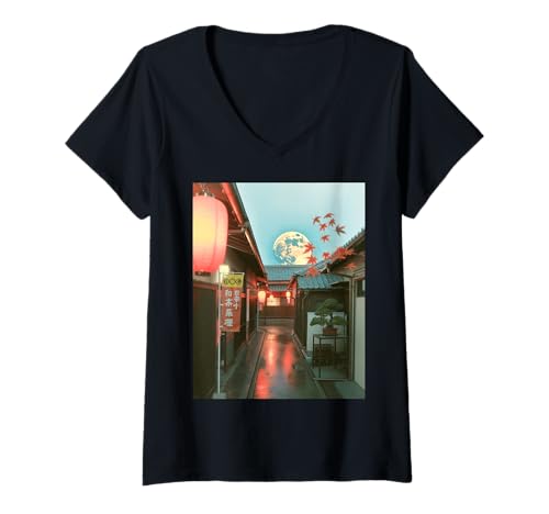 Damen Japanische Straßenlaterne, ästhetische Vollmond-Nacht-Szenen-Kunst T-Shirt mit V-Ausschnitt Damen Japanische Straßenlaterne, ästhetische Vollmond-Nacht-Szenen-Kunst T-Shirt mit V-Ausschnitt von Retro Japan Travel Art Print Oriental Architecture