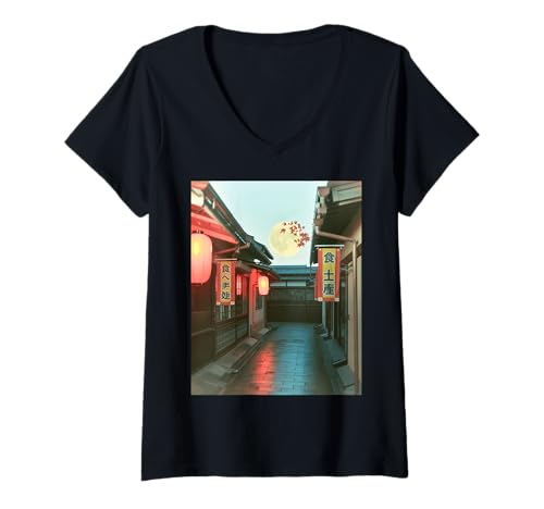 Damen Japanische Straßenlaterne, ästhetische Vollmond-Nacht-Szenen-Kunst T-Shirt mit V-Ausschnitt Damen Japanische Straßenlaterne, ästhetische Vollmond-Nacht-Szenen-Kunst T-Shirt mit V-Ausschnitt von Retro Japan Travel Art Print Oriental Architecture
