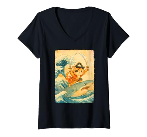 Damen Lustiges Halloween-Kostüm, niedliches Piratenkatze, reitend T-Shirt mit V-Ausschnitt Damen Lustiges Halloween-Kostüm, niedliches Piratenkatze, reitend T-Shirt mit V-Ausschnitt von Retro Japanese Anime Birthday Pirate Theme Party