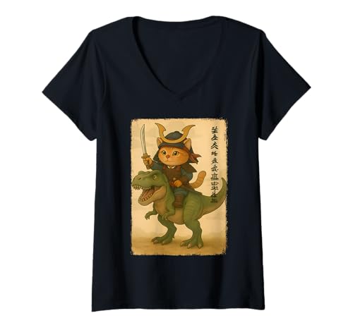 Damen Kawaii Samurai Katze Reiten T-Rex Dinosaurier Vintage Japan Kinder T-Shirt mit V-Ausschnitt von Retro Japanese Anime Cute Ninja Warrior Cat Lover