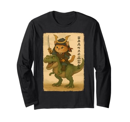 Kawaii Samurai Katze Reiten T-Rex Dinosaurier Vintage Japan Kinder Langarmshirt von Retro Japanese Anime Cute Ninja Warrior Cat Lover