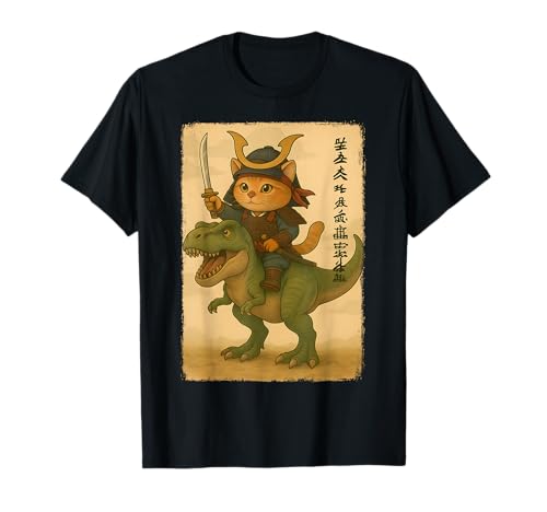 Kawaii Samurai Katze Reiten T-Rex Dinosaurier Vintage Japan Kinder T-Shirt von Retro Japanese Anime Cute Ninja Warrior Cat Lover