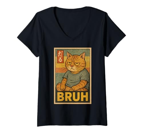 Damen Retro Japanese Anime Manga Funny Cat Bruh T-Shirt mit V-Ausschnitt Damen Retro Japanese Anime Manga Funny Cat Bruh T-Shirt mit V-Ausschnitt von Retro Japanese Cat Aesthetic Graphic