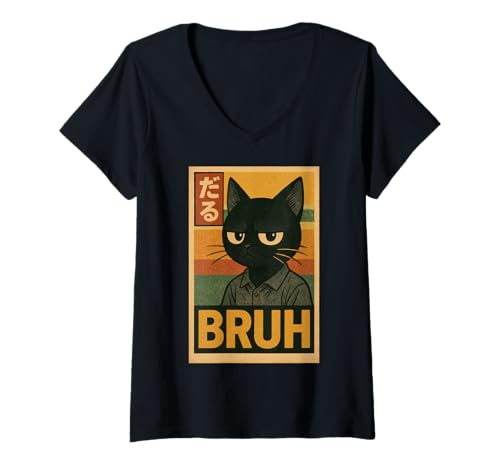 Damen Retro Japanese Anime Manga Funny Cat Bruh T-Shirt mit V-Ausschnitt Damen Retro Japanese Anime Manga Funny Cat Bruh T-Shirt mit V-Ausschnitt von Retro Japanese Cat Aesthetic Graphic