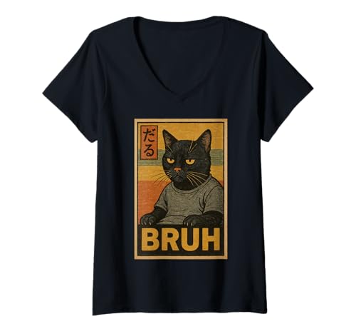 Damen Retro Japanese Anime Manga Funny Cat Bruh T-Shirt mit V-Ausschnitt Damen Retro Japanese Anime Manga Funny Cat Bruh T-Shirt mit V-Ausschnitt von Retro Japanese Cat Aesthetic Graphic