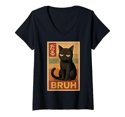 Damen Retro Japanese Anime Manga Funny Cat Bruh T-Shirt mit V-Ausschnitt Damen Retro Japanese Anime Manga Funny Cat Bruh T-Shirt mit V-Ausschnitt von Retro Japanese Cat Aesthetic Graphic