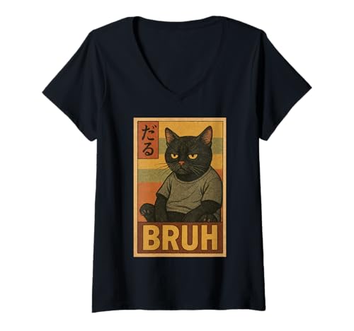 Damen Retro Japanese Anime Manga Funny Cat Bruh T-Shirt mit V-Ausschnitt Damen Retro Japanese Anime Manga Funny Cat Bruh T-Shirt mit V-Ausschnitt von Retro Japanese Cat Aesthetic Graphic