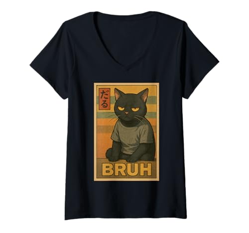 Damen Retro Japanese Anime Manga Funny Cat Bruh T-Shirt mit V-Ausschnitt Damen Retro Japanese Anime Manga Funny Cat Bruh T-Shirt mit V-Ausschnitt von Retro Japanese Cat Aesthetic Graphic