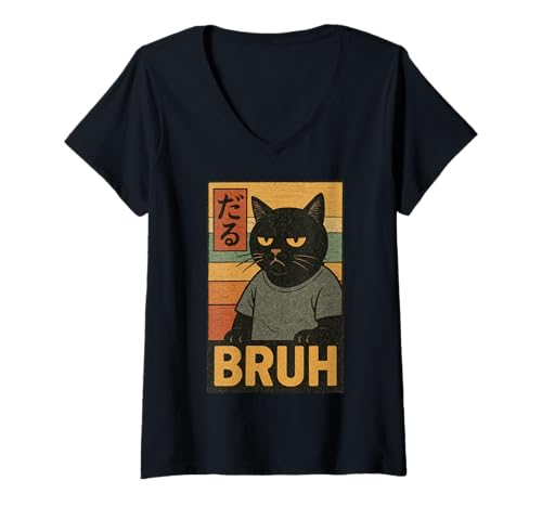 Damen Retro Japanese Anime Manga Funny Cat Bruh T-Shirt mit V-Ausschnitt Damen Retro Japanese Anime Manga Funny Cat Bruh T-Shirt mit V-Ausschnitt von Retro Japanese Cat Aesthetic Graphic