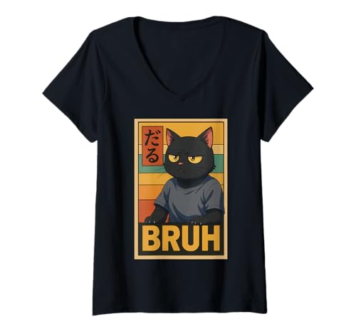 Damen Retro Japanese Anime Manga Funny Cat Bruh T-Shirt mit V-Ausschnitt Damen Retro Japanese Anime Manga Funny Cat Bruh T-Shirt mit V-Ausschnitt von Retro Japanese Cat Aesthetic Graphic