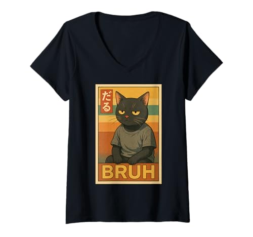 Damen Retro Japanese Anime Manga Funny Cat Bruh T-Shirt mit V-Ausschnitt Damen Retro Japanese Anime Manga Funny Cat Bruh T-Shirt mit V-Ausschnitt von Retro Japanese Cat Aesthetic Graphic