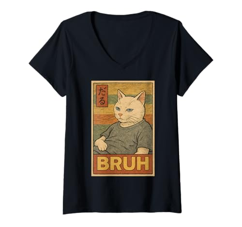 Damen Retro Japanese Anime Manga Funny Cat Bruh T-Shirt mit V-Ausschnitt Damen Retro Japanese Anime Manga Funny Cat Bruh T-Shirt mit V-Ausschnitt von Retro Japanese Cat Aesthetic Graphic