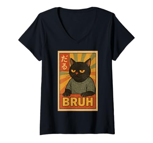 Damen Retro Japanese Anime Manga Funny Cat Bruh T-Shirt mit V-Ausschnitt Damen Retro Japanese Anime Manga Funny Cat Bruh T-Shirt mit V-Ausschnitt von Retro Japanese Cat Aesthetic Graphic