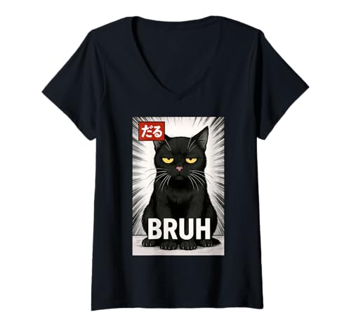 Damen Retro Japanese Anime Manga Funny Cat Bruh T-Shirt mit V-Ausschnitt Damen Retro Japanese Anime Manga Funny Cat Bruh T-Shirt mit V-Ausschnitt von Retro Japanese Cat Aesthetic Graphic
