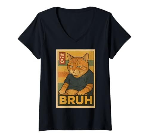 Damen Retro Japanese Anime Manga Funny Cat Bruh T-Shirt mit V-Ausschnitt Damen Retro Japanese Anime Manga Funny Cat Bruh T-Shirt mit V-Ausschnitt von Retro Japanese Cat Aesthetic Graphic