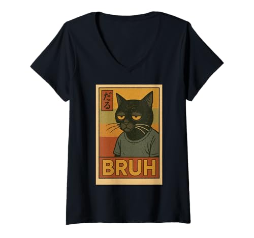 Damen Retro Japanese Anime Manga Funny Cat Bruh T-Shirt mit V-Ausschnitt Damen Retro Japanese Anime Manga Funny Cat Bruh T-Shirt mit V-Ausschnitt von Retro Japanese Cat Aesthetic Graphic