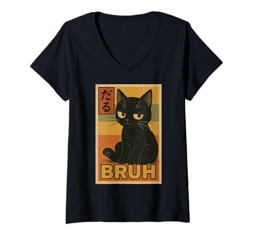 Damen Retro Japanese Anime Manga Funny Cat Bruh T-Shirt mit V-Ausschnitt Damen Retro Japanese Anime Manga Funny Cat Bruh T-Shirt mit V-Ausschnitt von Retro Japanese Cat Aesthetic Graphic