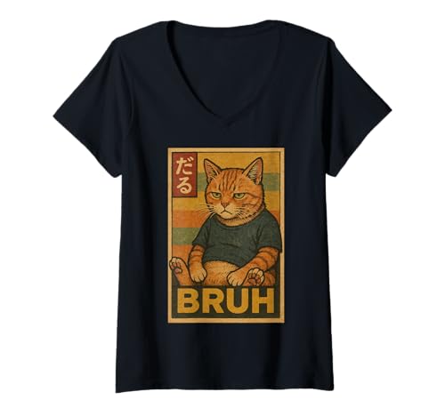 Damen Retro Japanese Anime Manga Funny Cat Bruh T-Shirt mit V-Ausschnitt Damen Retro Japanese Anime Manga Funny Cat Bruh T-Shirt mit V-Ausschnitt von Retro Japanese Cat Aesthetic Graphic