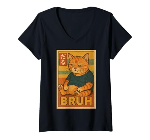 Damen Retro Japanese Anime Manga Funny Cat Bruh T-Shirt mit V-Ausschnitt Damen Retro Japanese Anime Manga Funny Cat Bruh T-Shirt mit V-Ausschnitt von Retro Japanese Cat Aesthetic Graphic