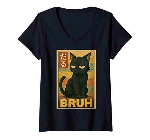 Damen Retro Japanese Anime Manga Funny Cat Bruh T-Shirt mit V-Ausschnitt Damen Retro Japanese Anime Manga Funny Cat Bruh T-Shirt mit V-Ausschnitt von Retro Japanese Cat Aesthetic Graphic