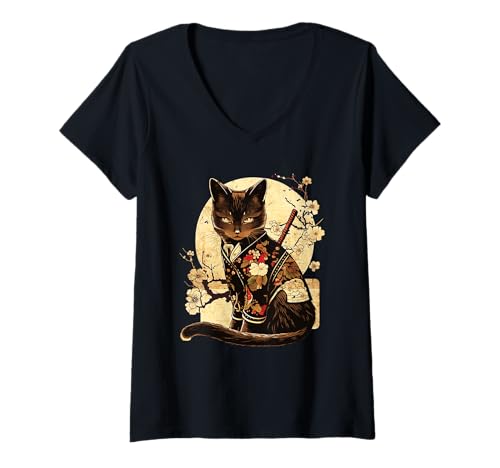 Damen Retro Japanische Samurai Ninja Katze Kawaii Tattoo Grafik T-Shirt mit V-Ausschnitt von Retro Japanese Samurai Ninja Cat Kawaii Tattoo Co.