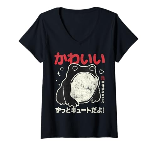 Damen Vintage Japanische Ästhetische Grumpy Frog Anime Distressed T-Shirt mit V-Ausschnitt Damen Vintage Japanische Ästhetische Grumpy Frog Anime Distressed T-Shirt mit V-Ausschnitt von Retro Japanese anime Aesthetic Vintage Grumpy Frog