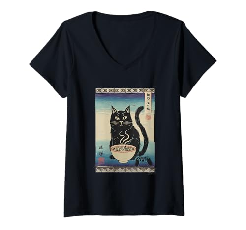 Damen Ramen Katze Tshirt Gamer Kawaii Lustiges Retro Japanische T-Shirt mit V-Ausschnitt von Retro Japanische TShirt Gaming Katze Anime Manga