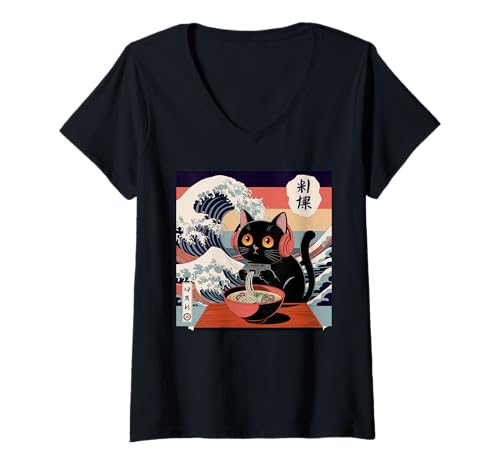 Damen Ramen Katze Tshirt Gamer Kawaii Lustiges Retro Japanische T-Shirt mit V-Ausschnitt von Retro Japanische TShirt Gaming Katze Anime Manga